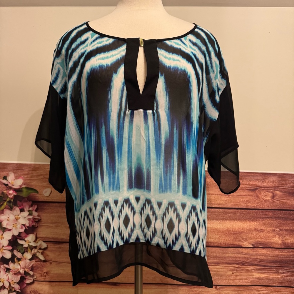 Bisou Bisou Sheer Blouse Blue Black Abstract Print Keyhole Size M